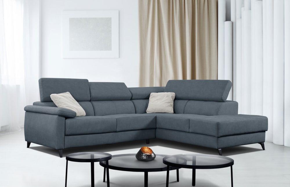 Ecksofa 5-Sitzer mit verstellbare Kopfstützen, blau - Maisons Du