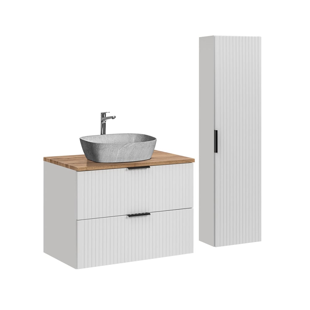 Set aus Einzelwaschtisch 80cm -Säule Melamin Weiß, Holz und Stein