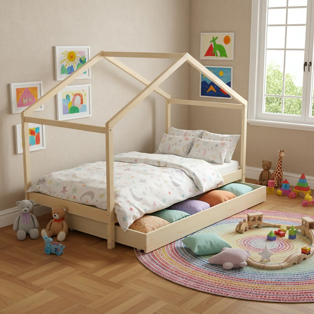 Lit cabane avec 1 tiroirs, bois clair, 90x190 cm (Weber industries) - Image 1