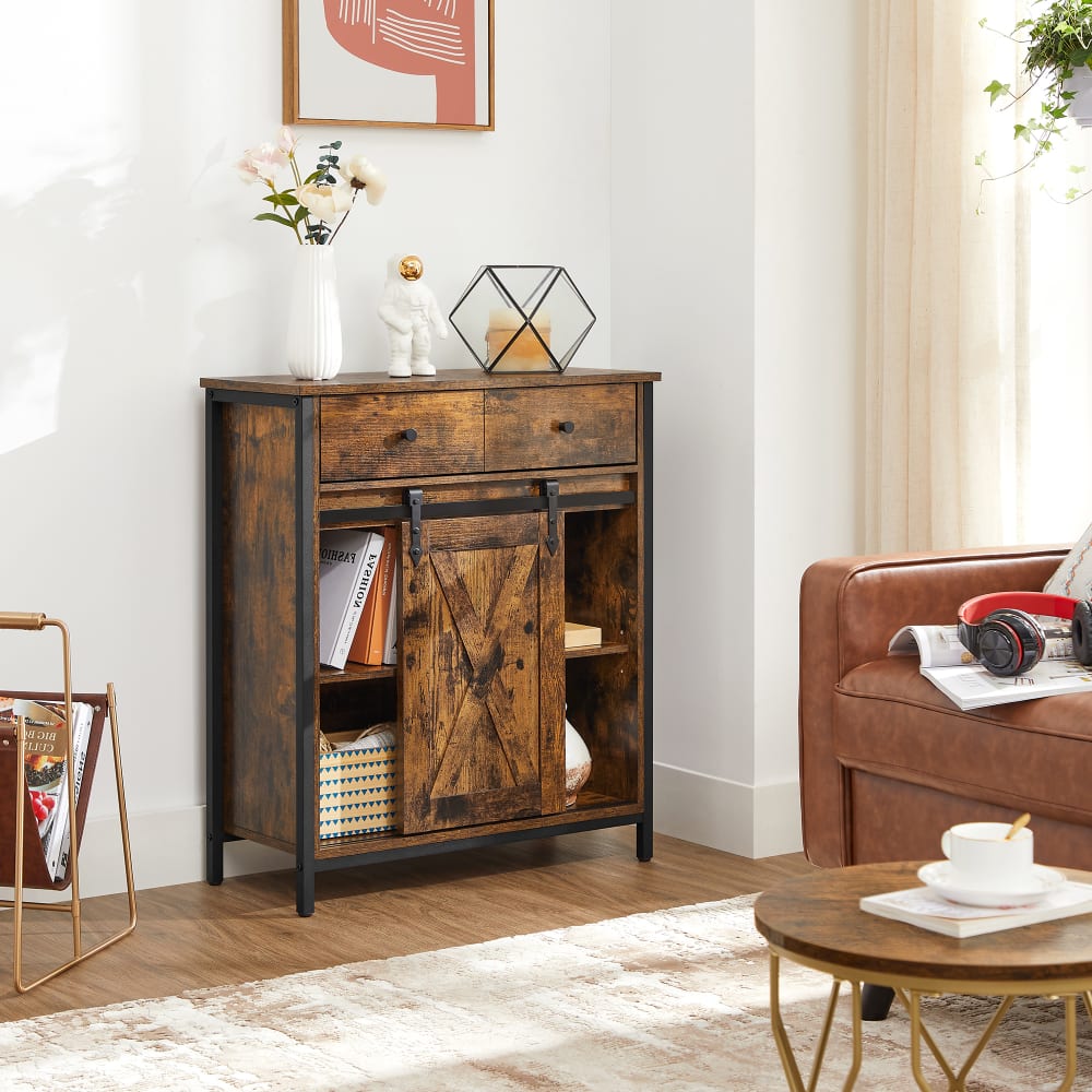 VASAGLE Buffet avec et 4 compartiments porte coulissante style marron et noir style classique chic Marron Bois - 70x80x30cm