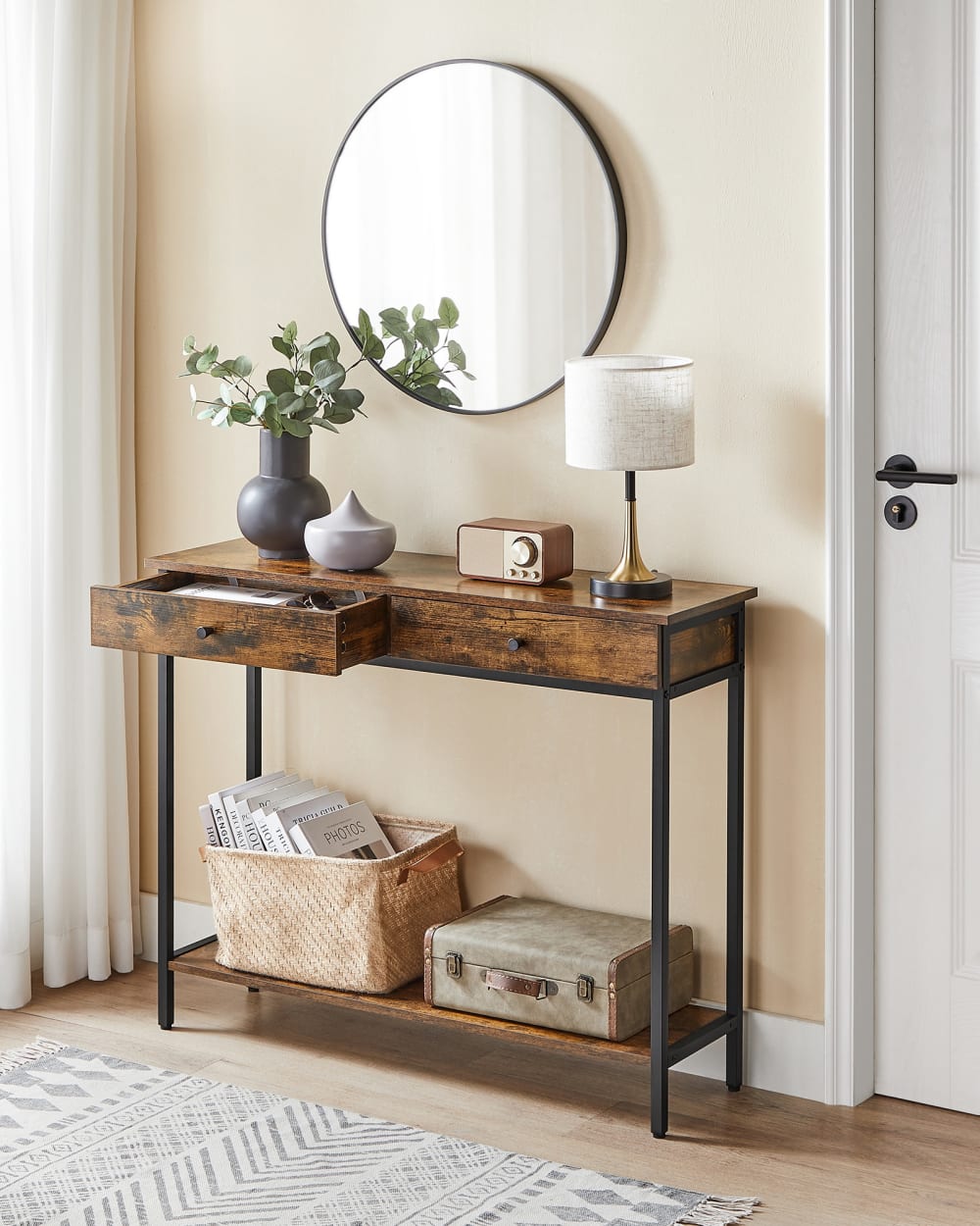 Console d'entrée industrielle avec 2 tiroirs basse marron et noir - Maisons du Monde
