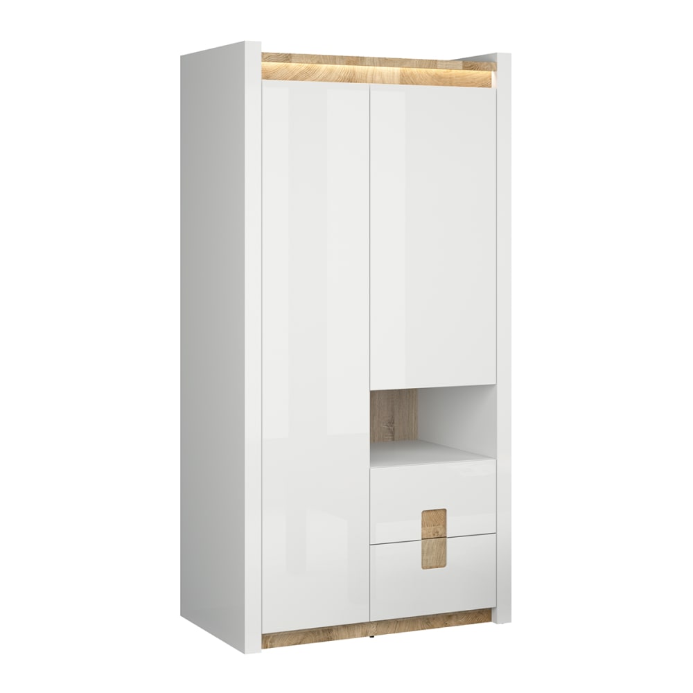 Armoire 2 portes 2 tiroirs 1 niche avec LED stratifiés blanc et bois