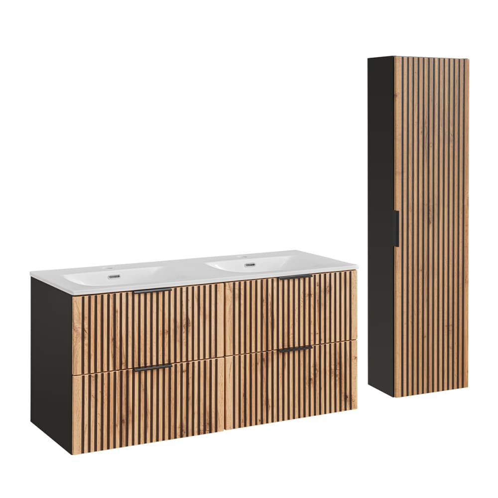 Ensemble meuble double vasque encastrée colonne stratifiés beige noir