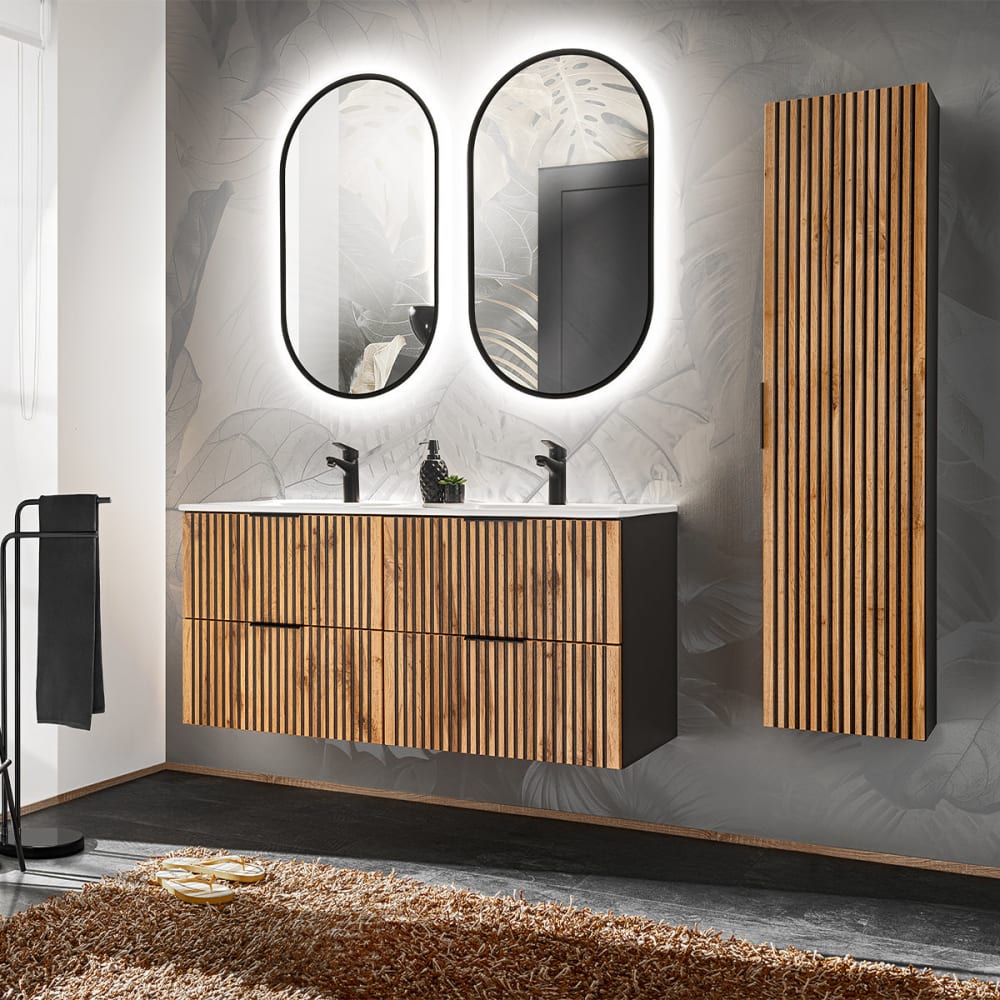 Petits meubles Ensemble meuble double vasque panneaux mélaminé et mdf noir Noir Panneau De Particules - 120x57x46cm