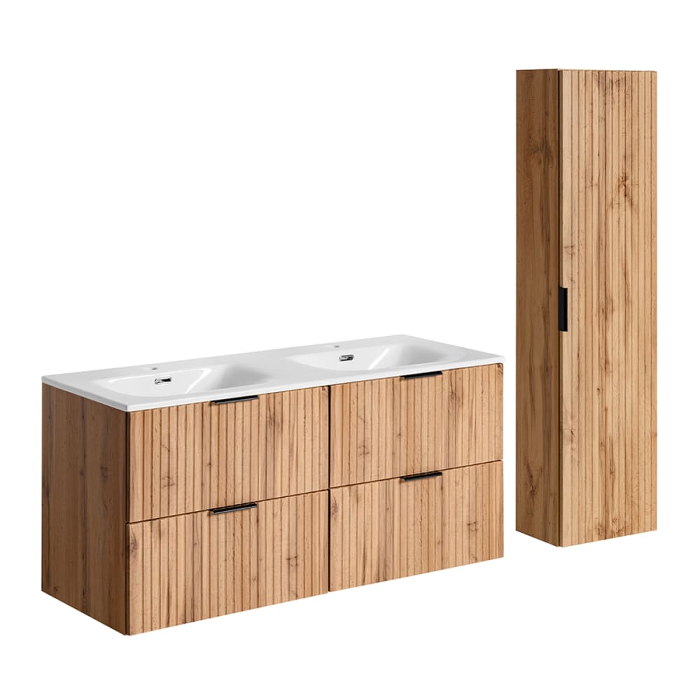 Ensemble meuble double vasque encastrée colonne stratifiés beige