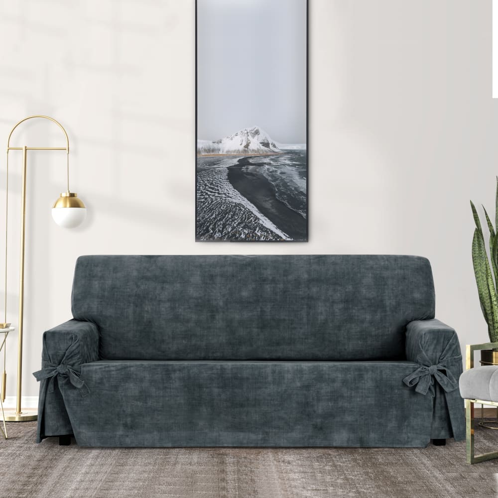 Housse de canapé 2 pl antitache avec des rubans gris foncé 140 -180cm - Maisons du Monde