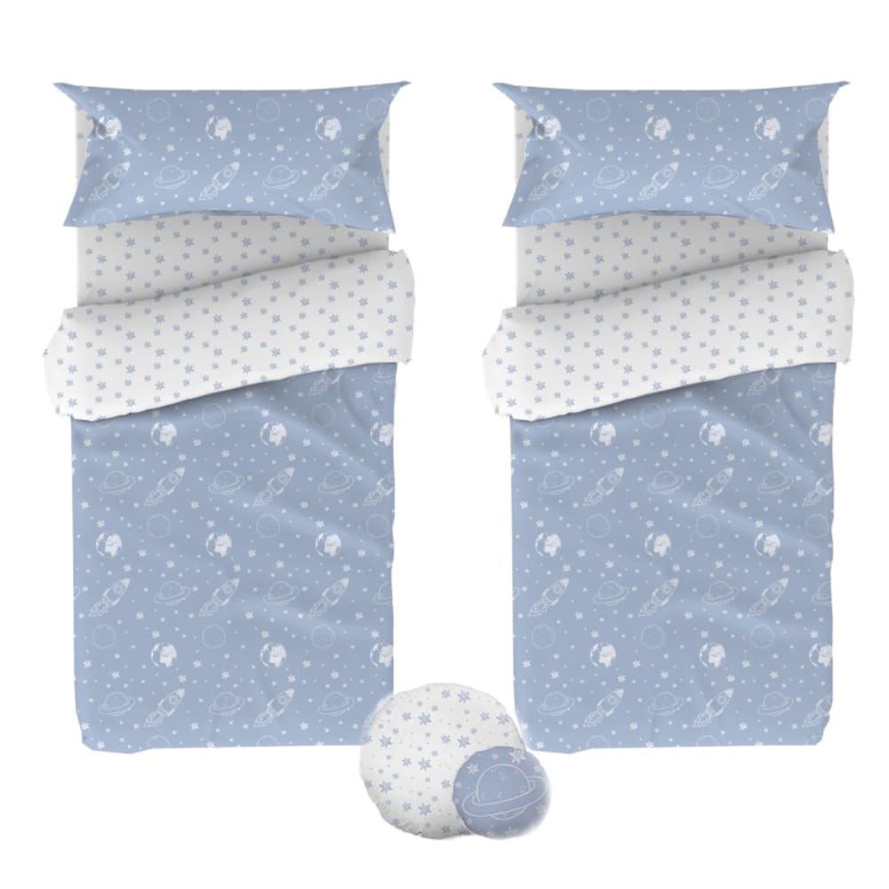 Housse de couette set 3 pièces pack de 2 + coussin coton bleu 90x190cm
