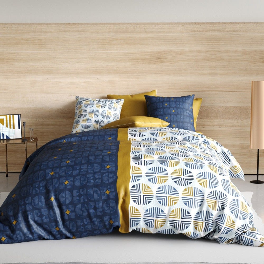 Atelier du coton Parure de couette 100% coton 57 fils imprimée 240x220cm 2 taies style classique chic Bleu