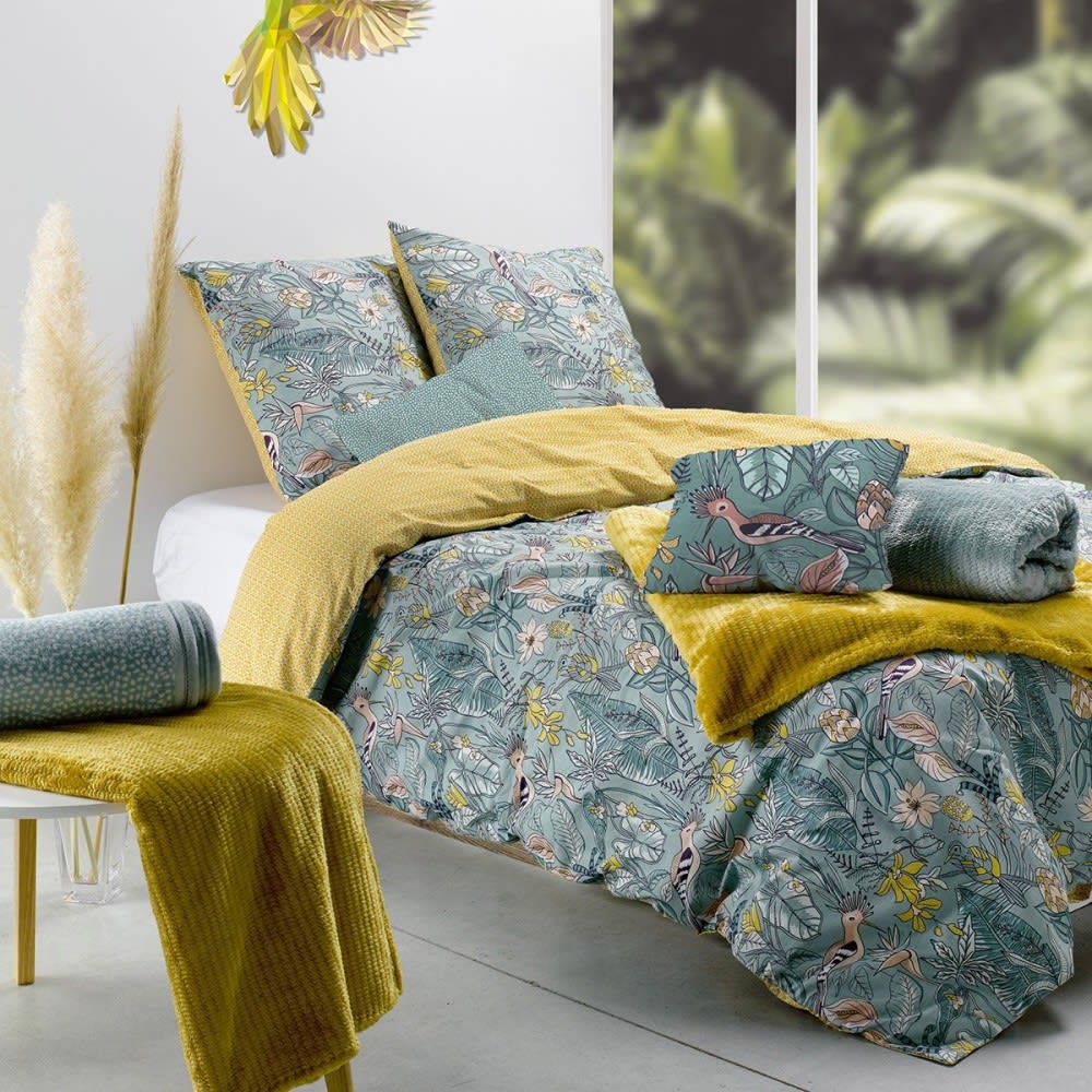 Atelier du coton Parure de couette 100% coton 57 fils imprimée 240x220cm 2 taies style classique chic Jaune