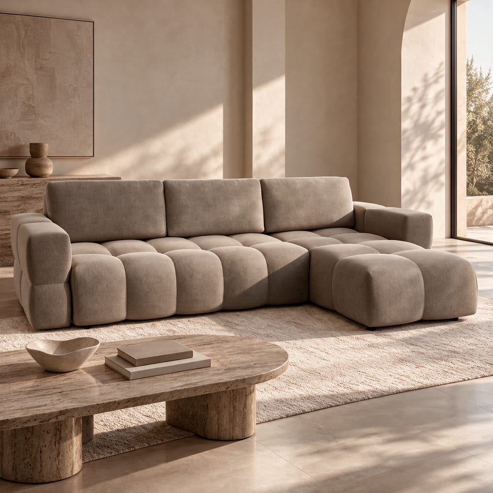 Canapé d'angle droit convertible 5 places en velours taupe - Maisons du Monde