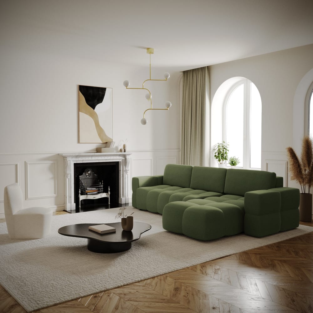 Canapé d'angle droit convertible 5 places en tissu tramé vert olive - Maisons du Monde