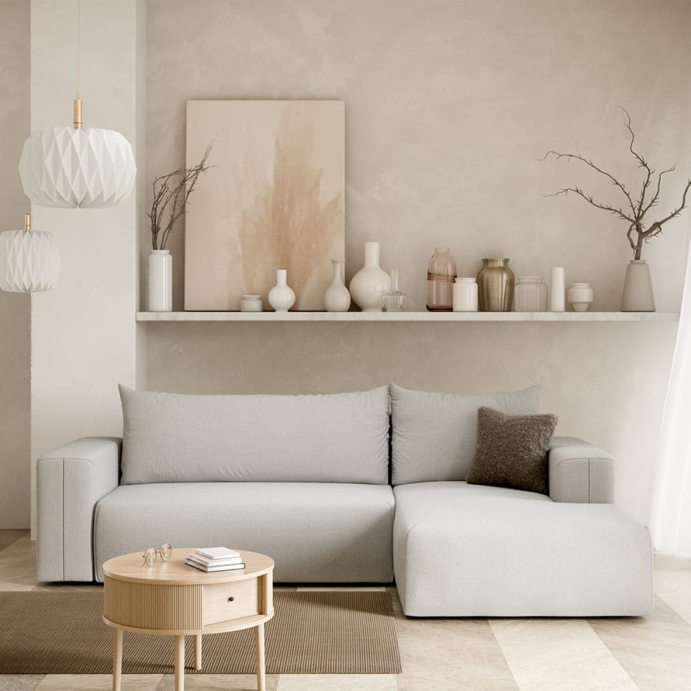 Canapé d'angle convertible droite 3 places coffre bois de pin gris