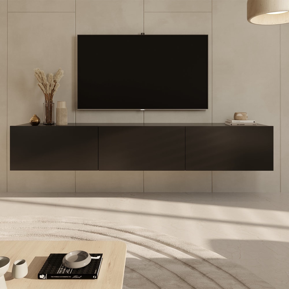 Meuble tv mural 3 portes 180 cm panneaux agglomérés noir - Maisons du Monde