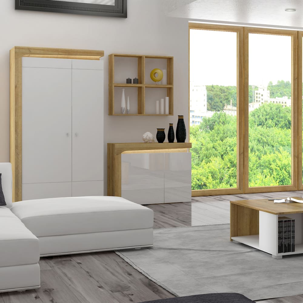 Schrank 2 Türen LED inkl Laminierte Platten Weiß und Holz -