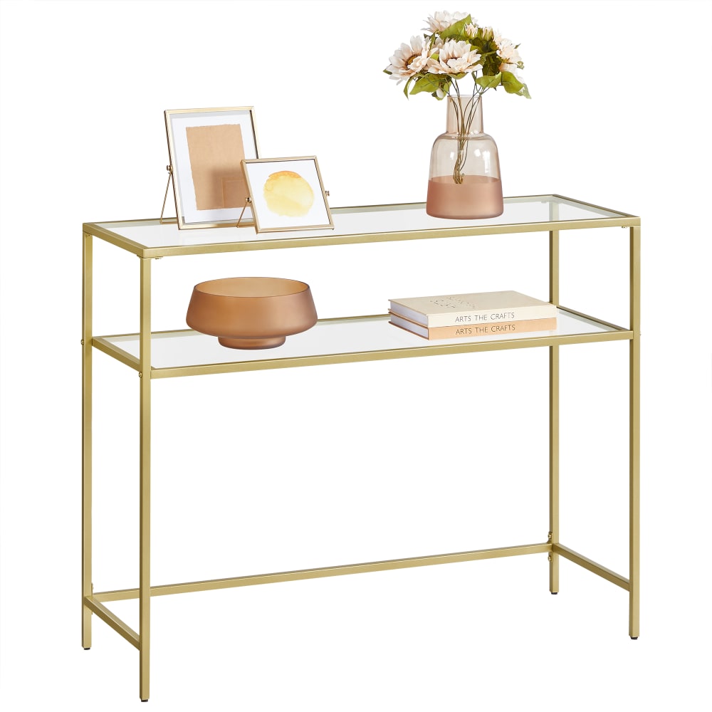 VASAGLE Table dessus de en verre trempé cadre métallique 2 niveaux pieds doré style classique chic Doré Verre - 100x80x35cm
