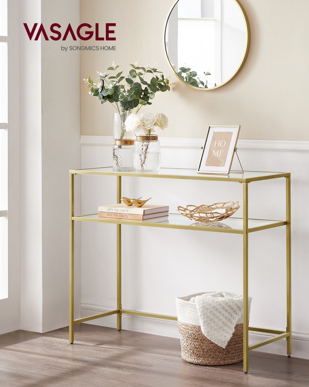 Table dessus de en verre trempé cadre métallique 2 niveaux pieds doré - Maisons du Monde