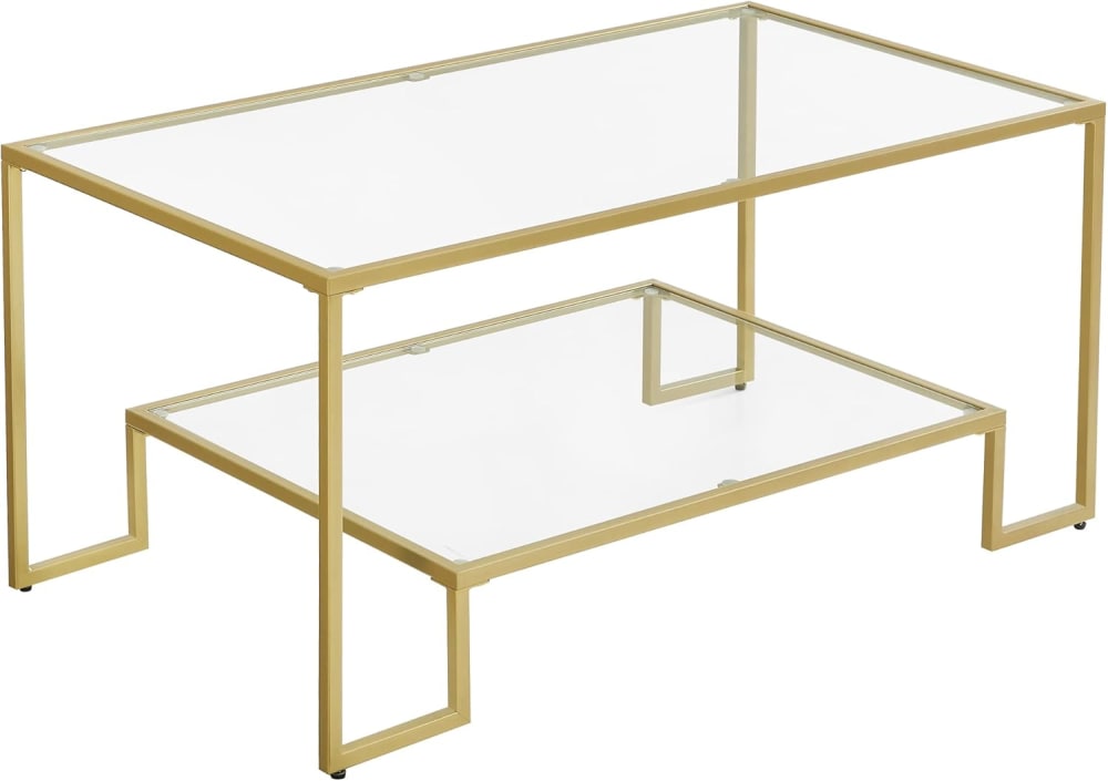 VASAGLE Table basse de salon 2 niveaux en verre trempé 100 x 55 x 45 cm doré style classique chic Doré Verre - 100x45x55cm