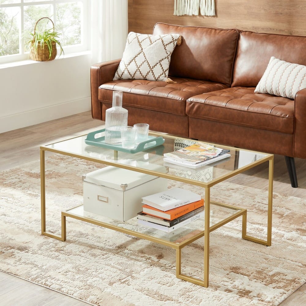 Table basse de salon 2 niveaux en verre trempé 100 x 55 x 45 cm doré - Maisons du Monde