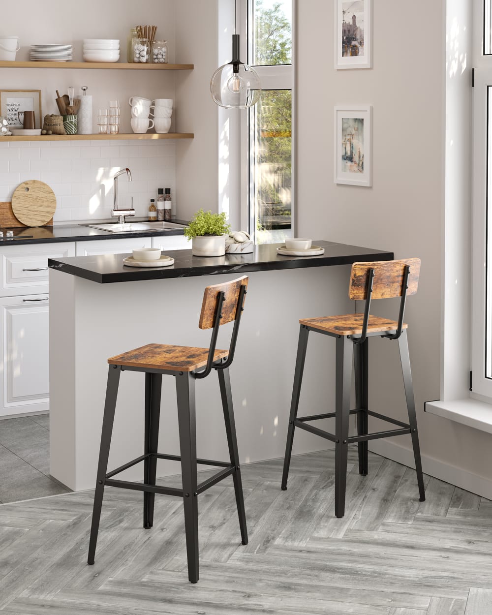 Tabourets bar industriel lot de 2 effet bois marron rustique et noir - Maisons du Monde