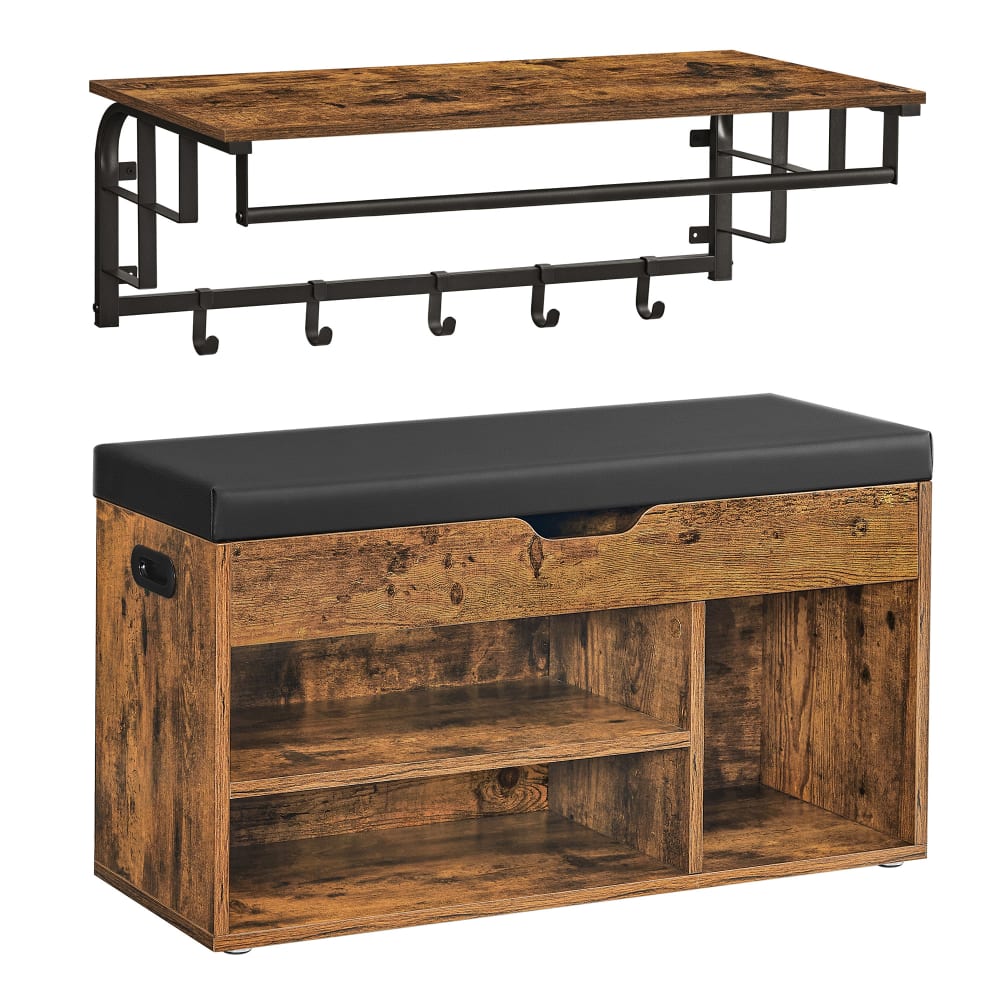 Porte-manteau mural et banc à chaussures marron rustique et noir