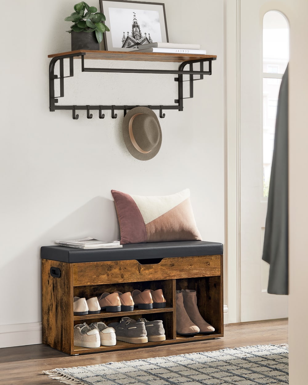 Porte-manteau mural et banc à chaussures marron rustique et noir — vue 3