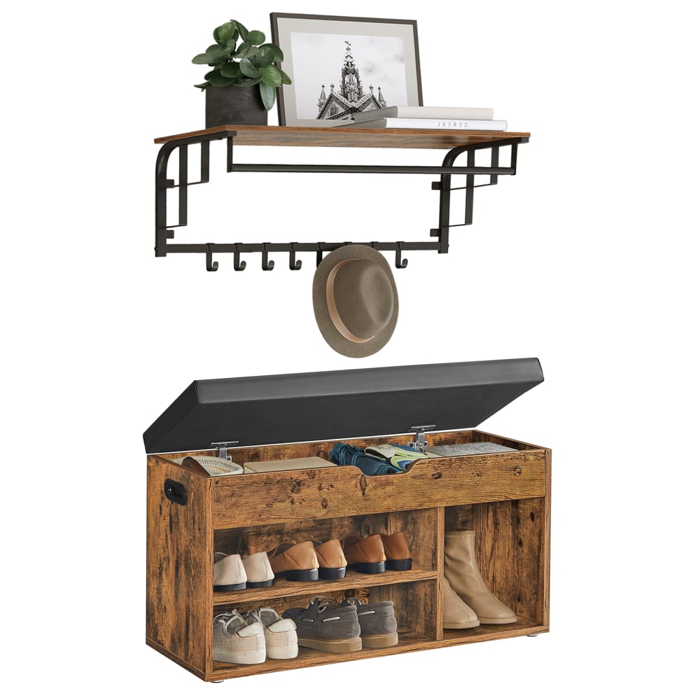 Porte-manteau mural et banc à chaussures marron rustique et noir — vue 4