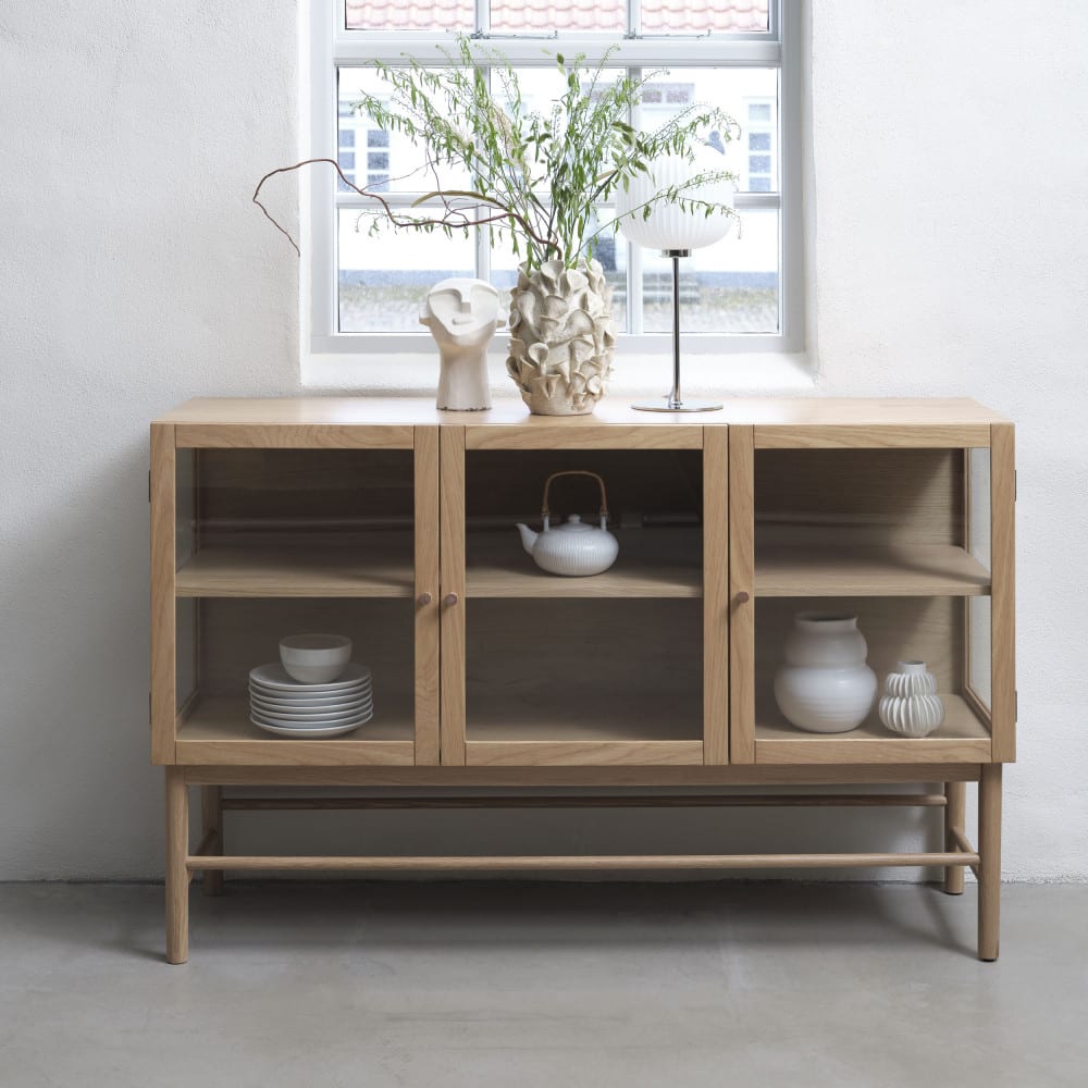 Buffet 3 portes en verre trempé et bois l132cm - bois clair - Maisons du Monde