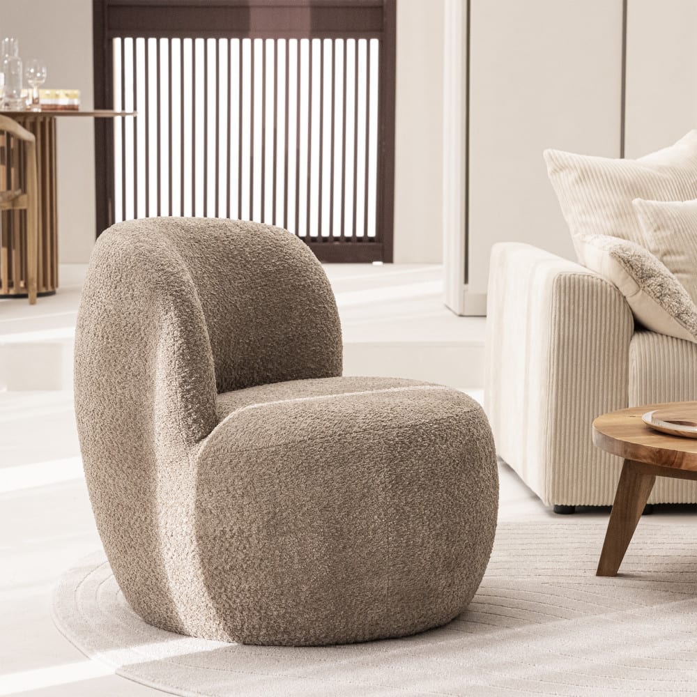 Fauteuil rond en tissu bouclette - Taupe