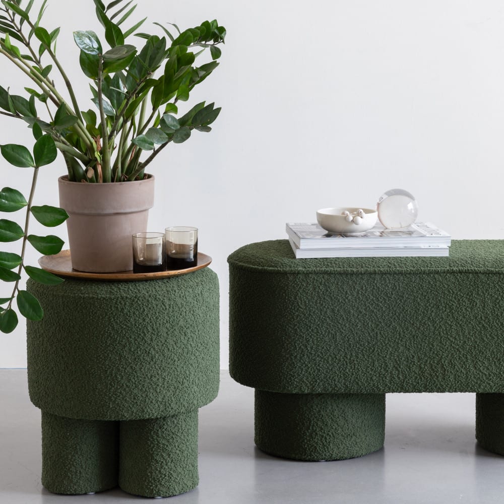 Tabouret rond en tissu bouclette ø40cm - vert kaki - Maisons du Monde