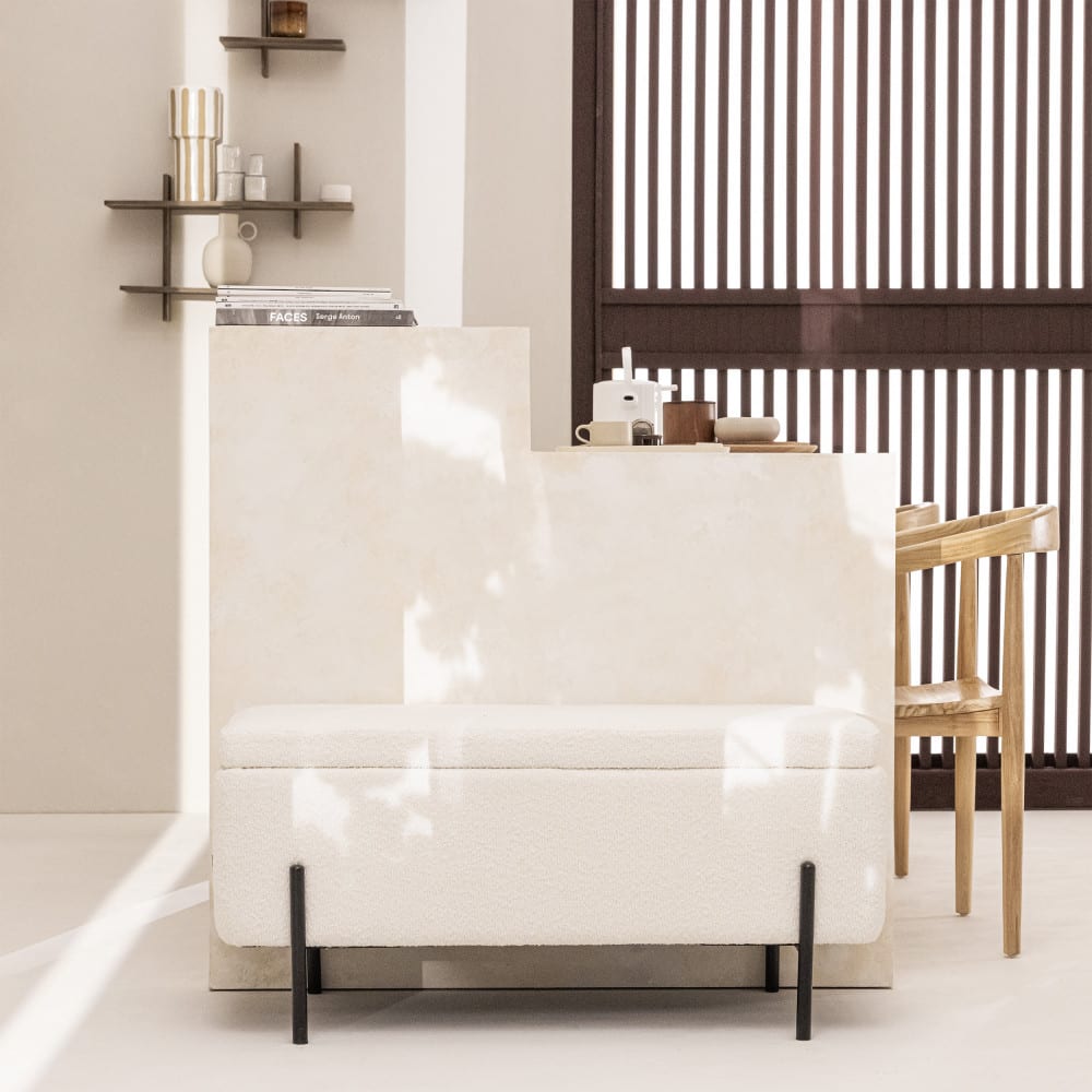 Banc coffre en tissu bouclette et métal L100cm - Blanc