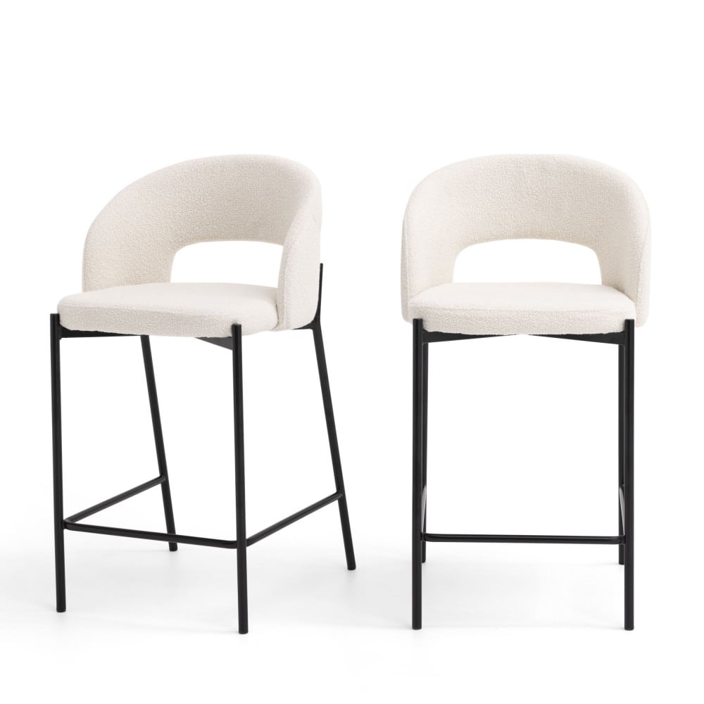Lot de 2 chaises de bar en tissu bouclette et métal H65cm - Écru
