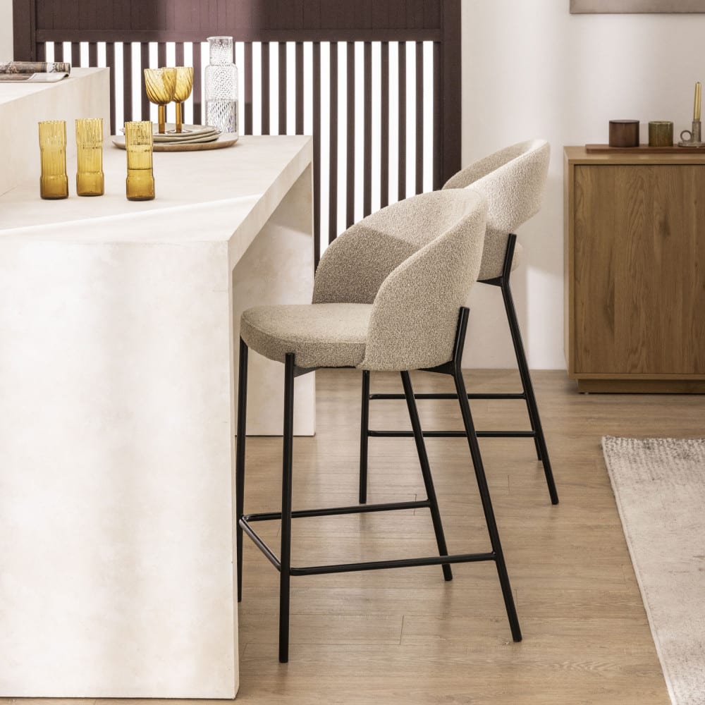 Lot de 2 chaises de bar tissu bouclette et métal h65cm - beige chiné - Maisons du Monde
