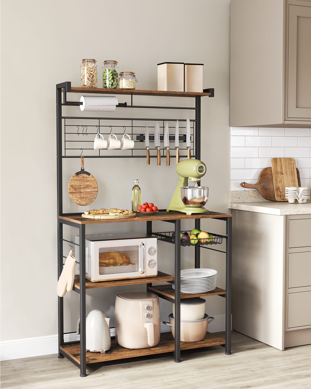Étagère de cuisine 12 crochets effet bois marron rustique et noir