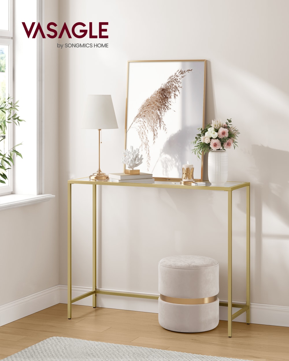 VASAGLE Table dessus de en verre trempé cadre métallique pieds réglables doré style classique chic Doré Verre - 100x80x35cm