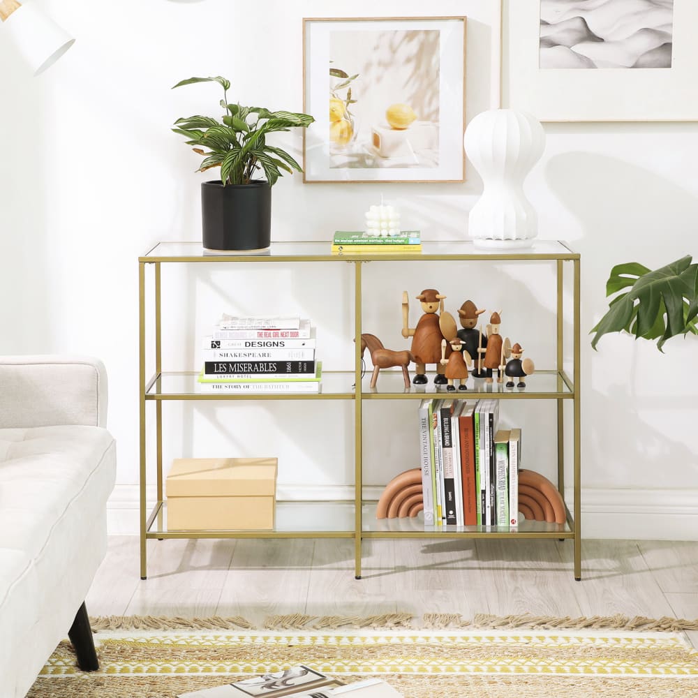 Table d'entrée étagère à 3 niveaux en verre 100 x 30 x 73 cm doré - Maisons du Monde