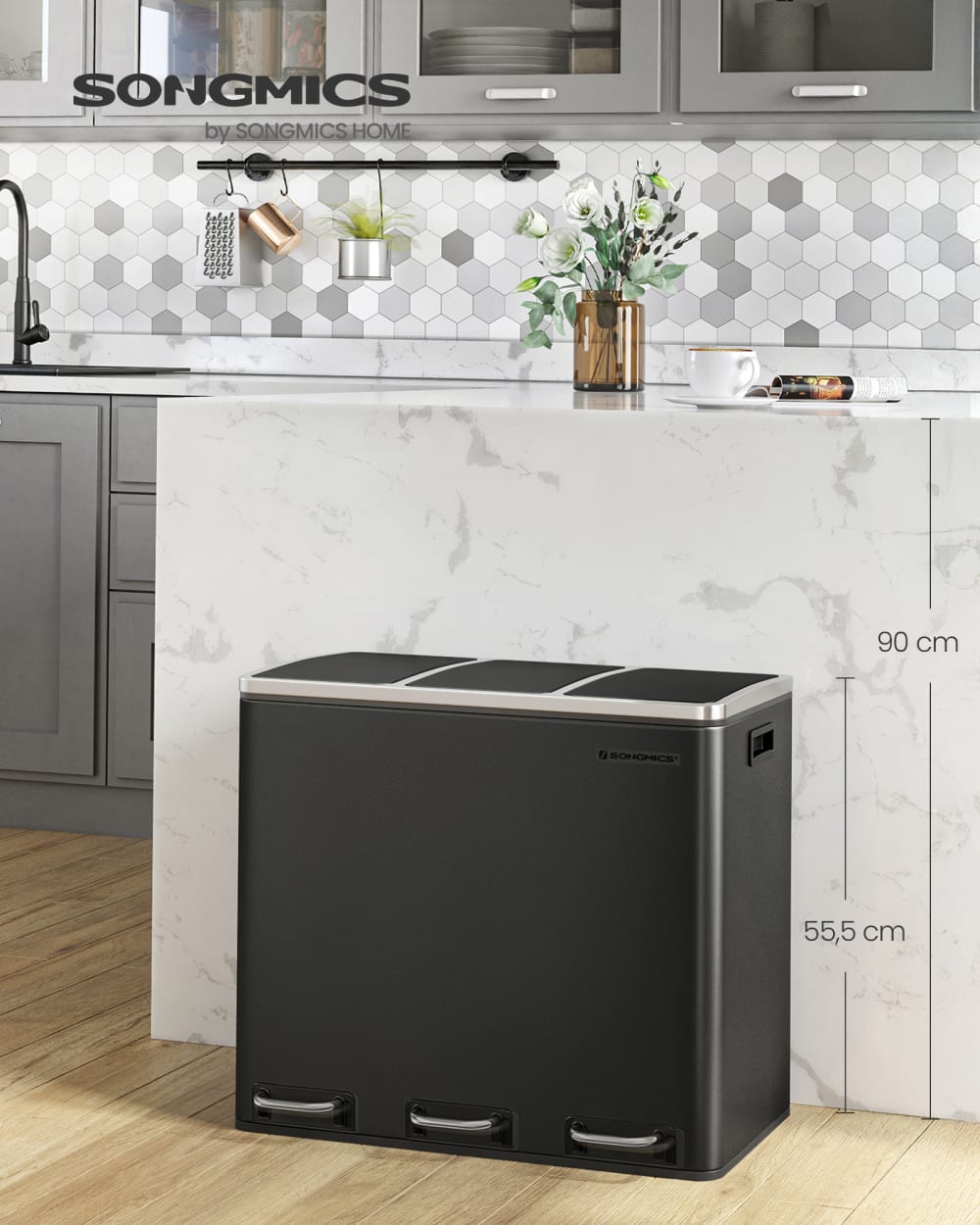 Poubelle de tri 3 x 18L acier noir
