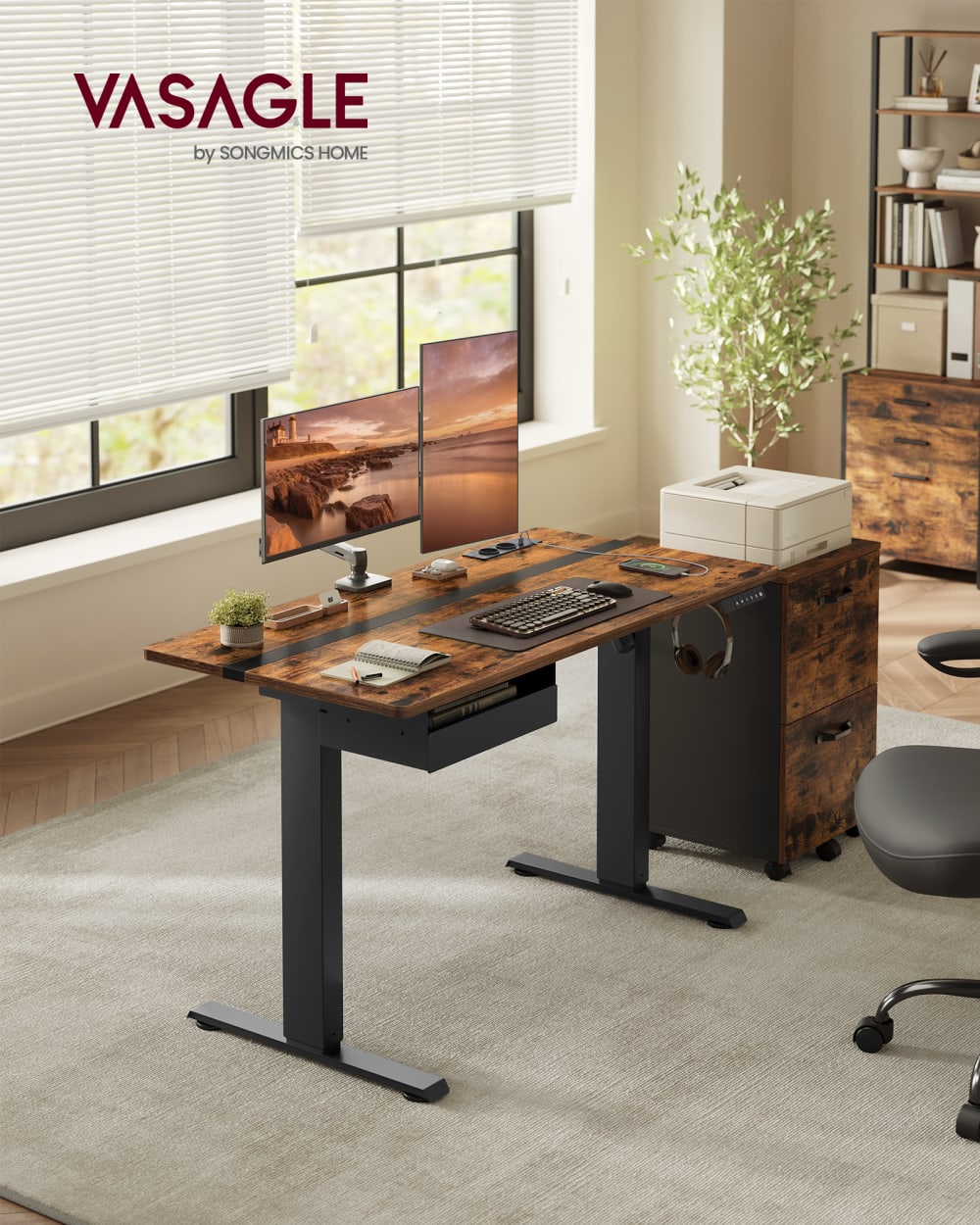 VASAGLE Bureau réglable en hauteur fonction mémoire 120 x 60 cm marron et noir style contemporain Marron Bois - 120x72x60cm