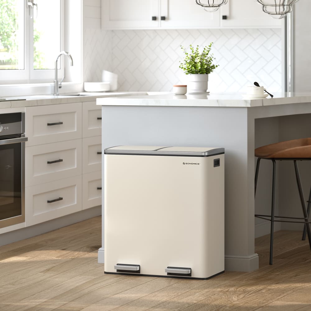 Poubelle cuisine poubelle de tri 2 x 30L acier crème avec 15 sacs