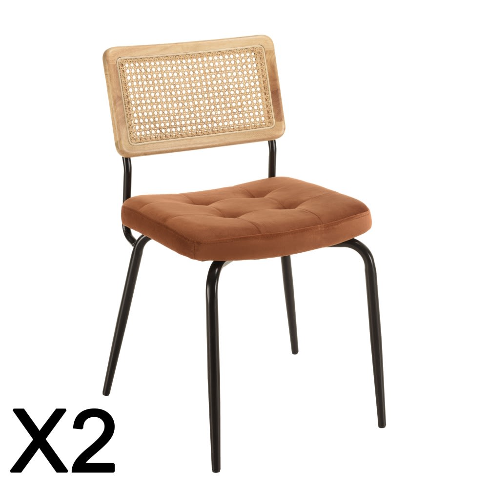 Lot de 2chaises métal noir assise velours orange dossier rotin Lot de 2chaises métal noir assise velours orange dossier rotin