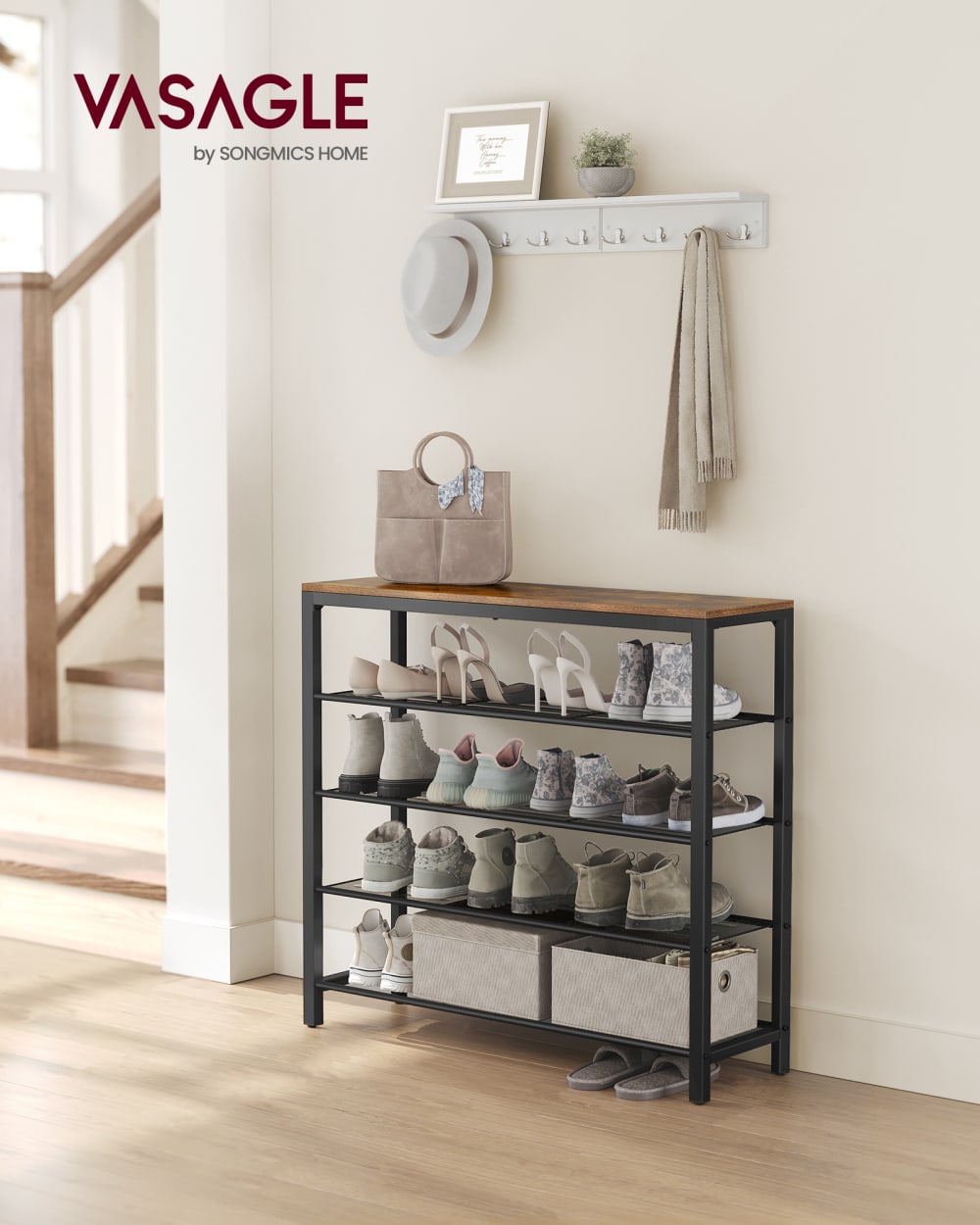Étagère à chaussures en métal 5 niveaux pour entrée marron et noir - Maisons du Monde