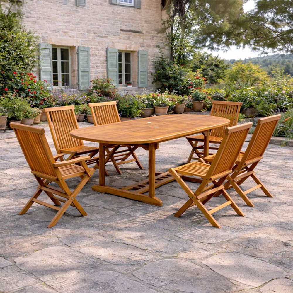 Salon de jardin Teck huilé 6 pers - Table ovale 4 chaises 2 fauteuils