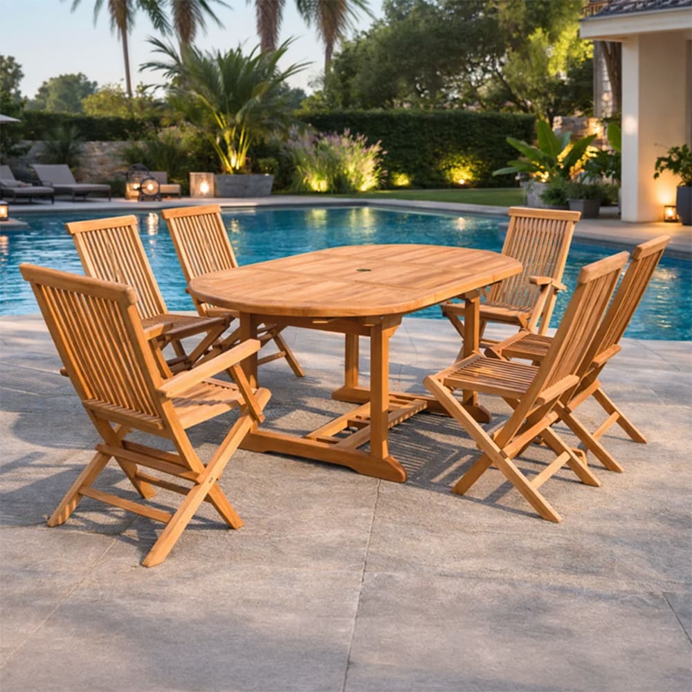 Table de jardin ovale et 4 chaises et 2 fauteuils en teck