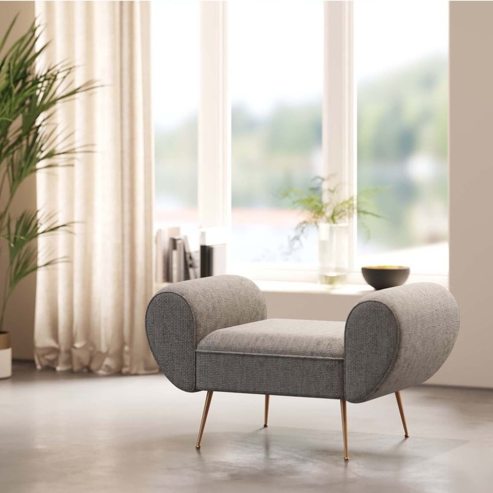 Banc 1 place en velours gris et acier doré