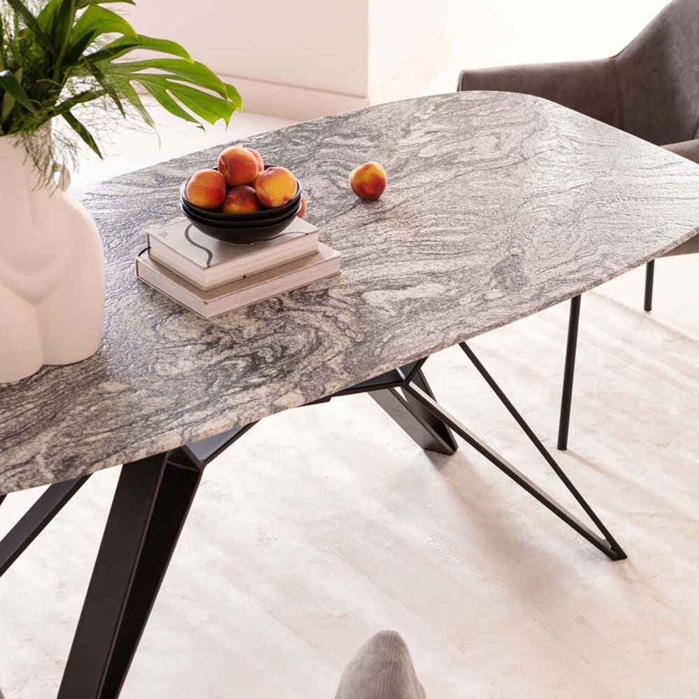 Table à manger 6 personnes en granit gris et acier noir L180