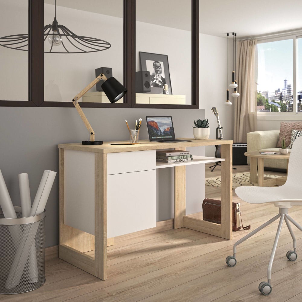 Bureau avec 1 porte effet bois clair et blanc
