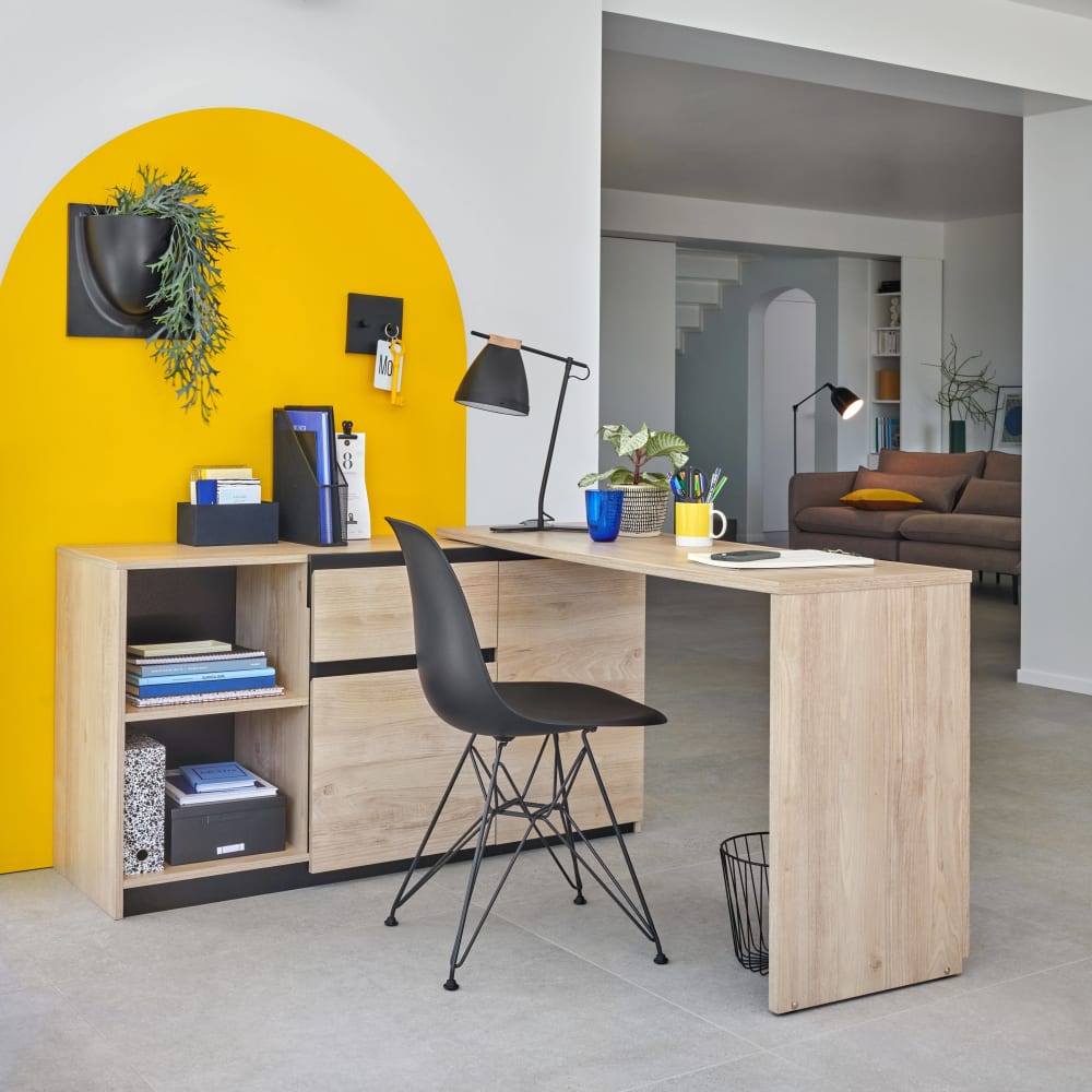 Bureau avec rangement et plateau pivotant effet Bois clair et Noir