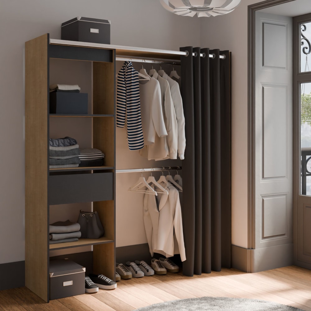 Dressing ouvert avec rideau, extensible bois foncé