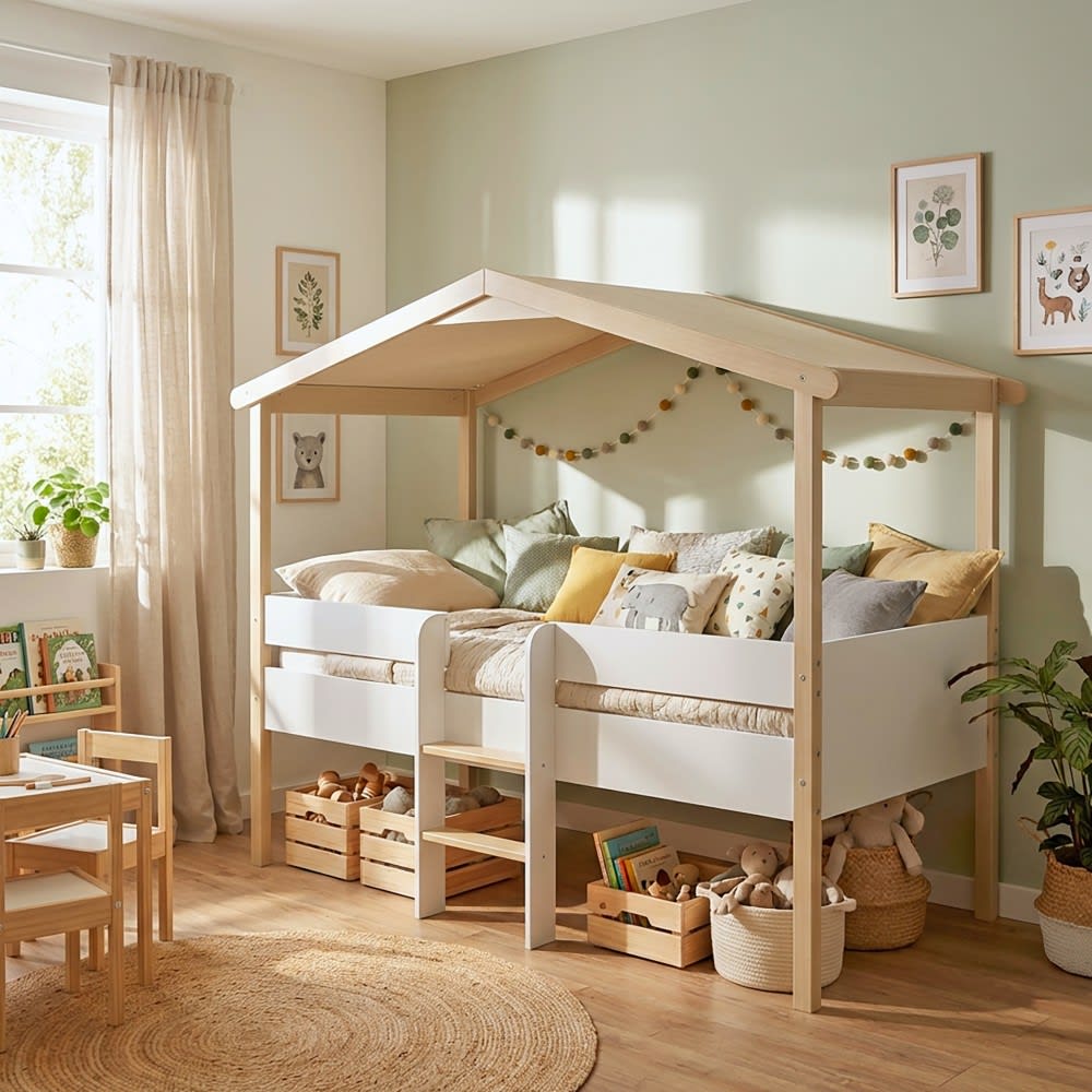 Lit cabane blanc et bois clair - 90x190 cm (Weber industries) - Image 1