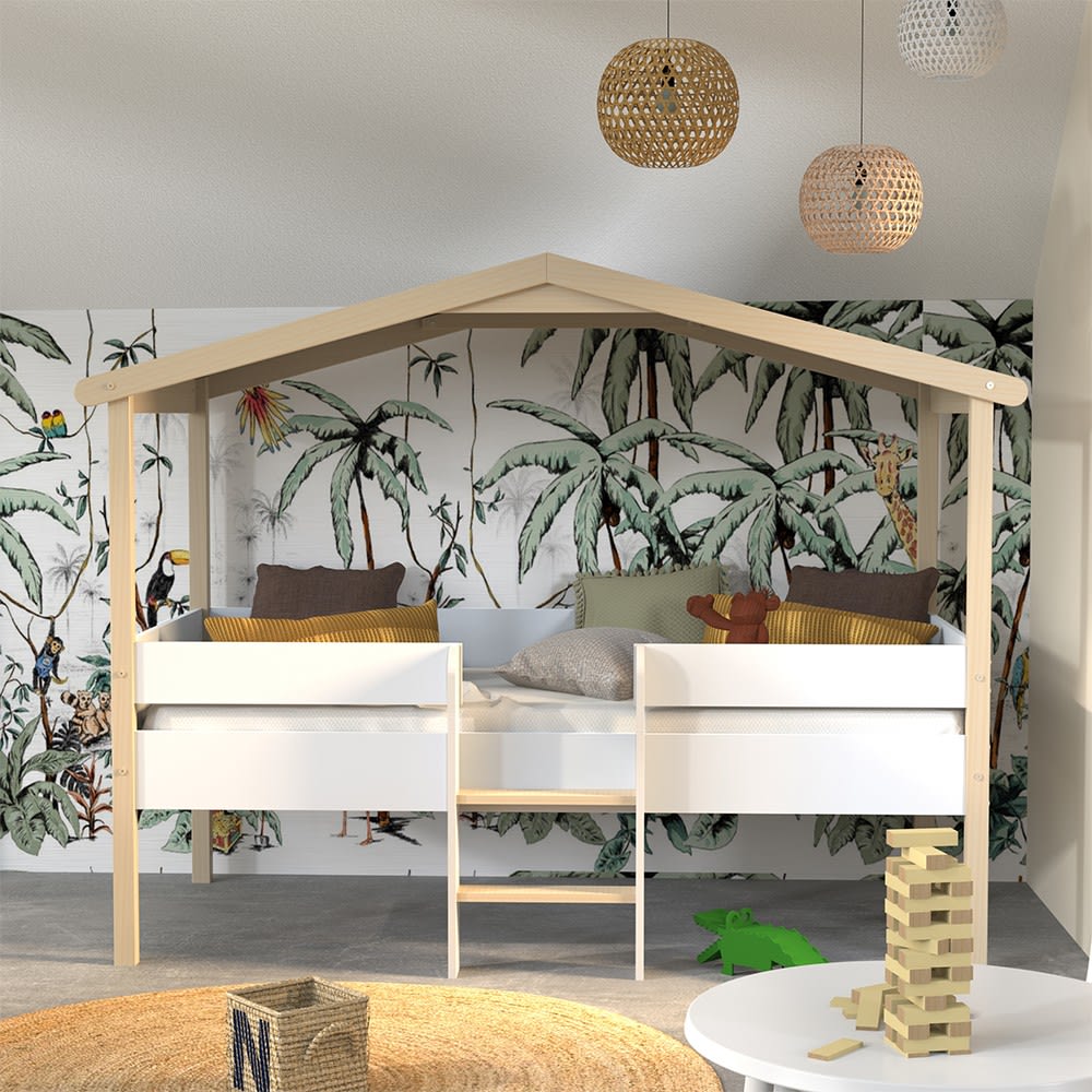 Lit cabane blanc et bois clair - 90x190 cm (Weber industries) - Image 2