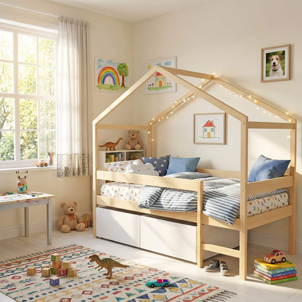 Lit cabane + tiroirs en bois et effet bois naturel 90 x 190 cm (Weber industries) - Image 1